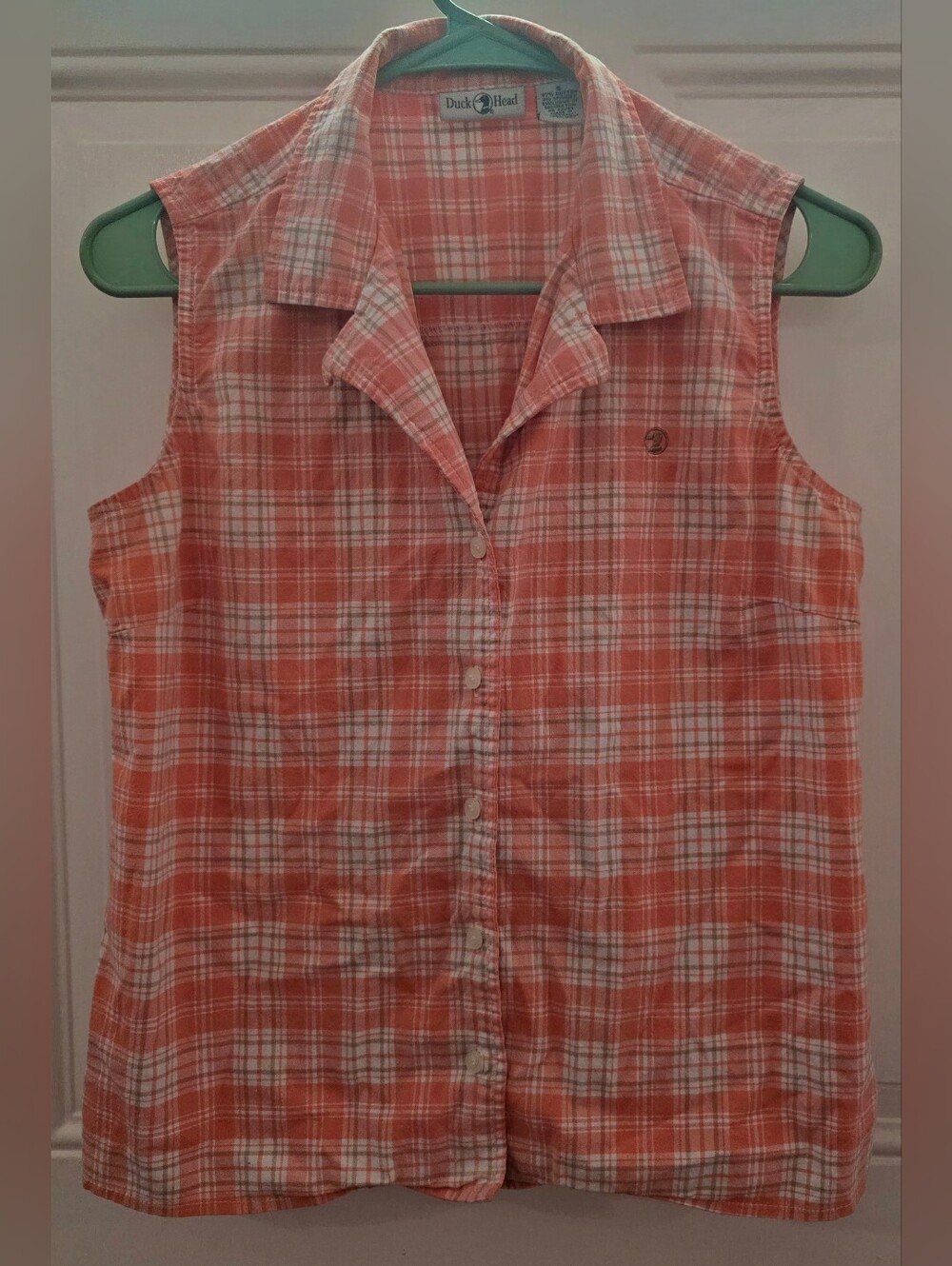 Duck Head Coral and White Sleeveless Button-Front Plaid Shirt